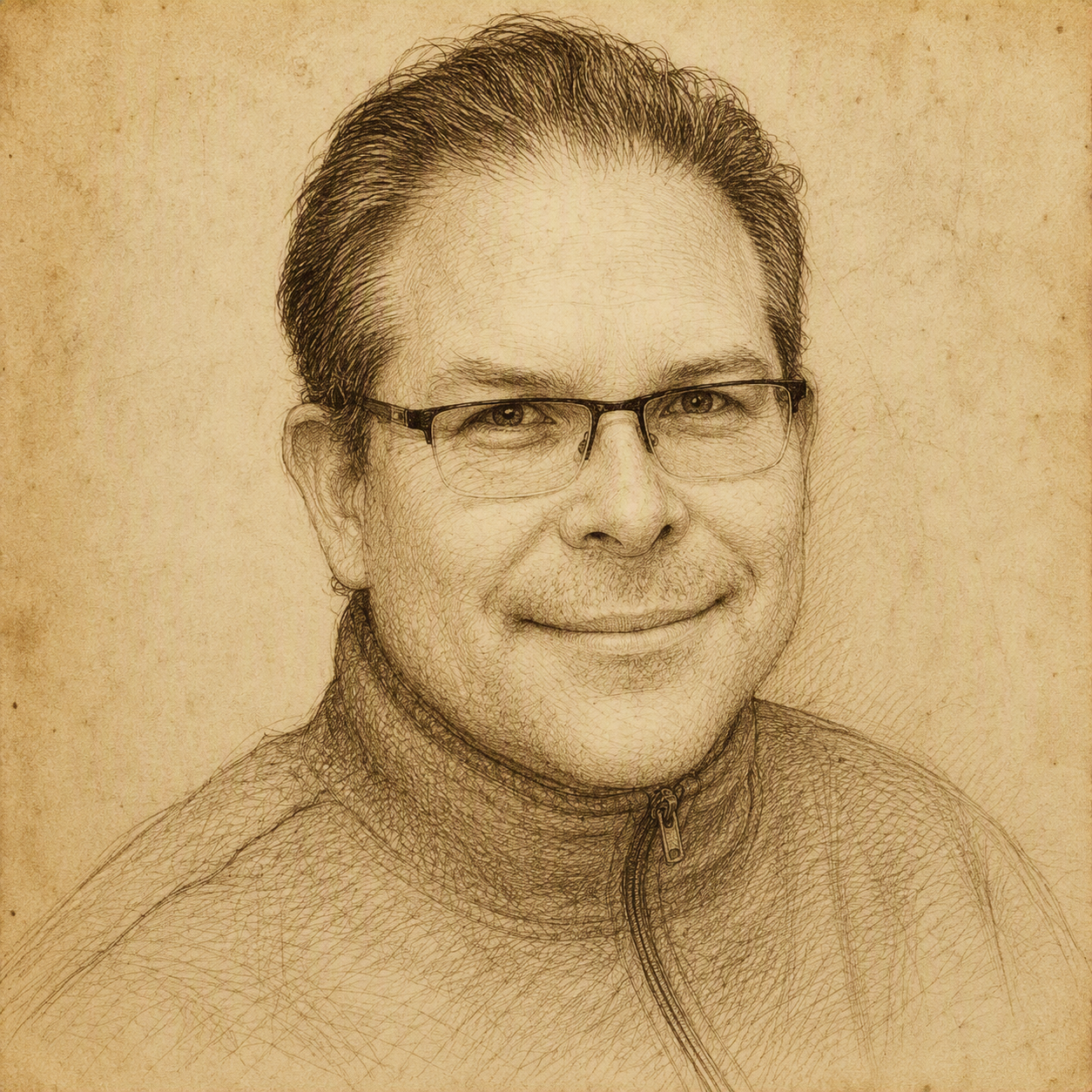 Leonardo-inspired sepia portrait of Mario Romero wearing glasses.